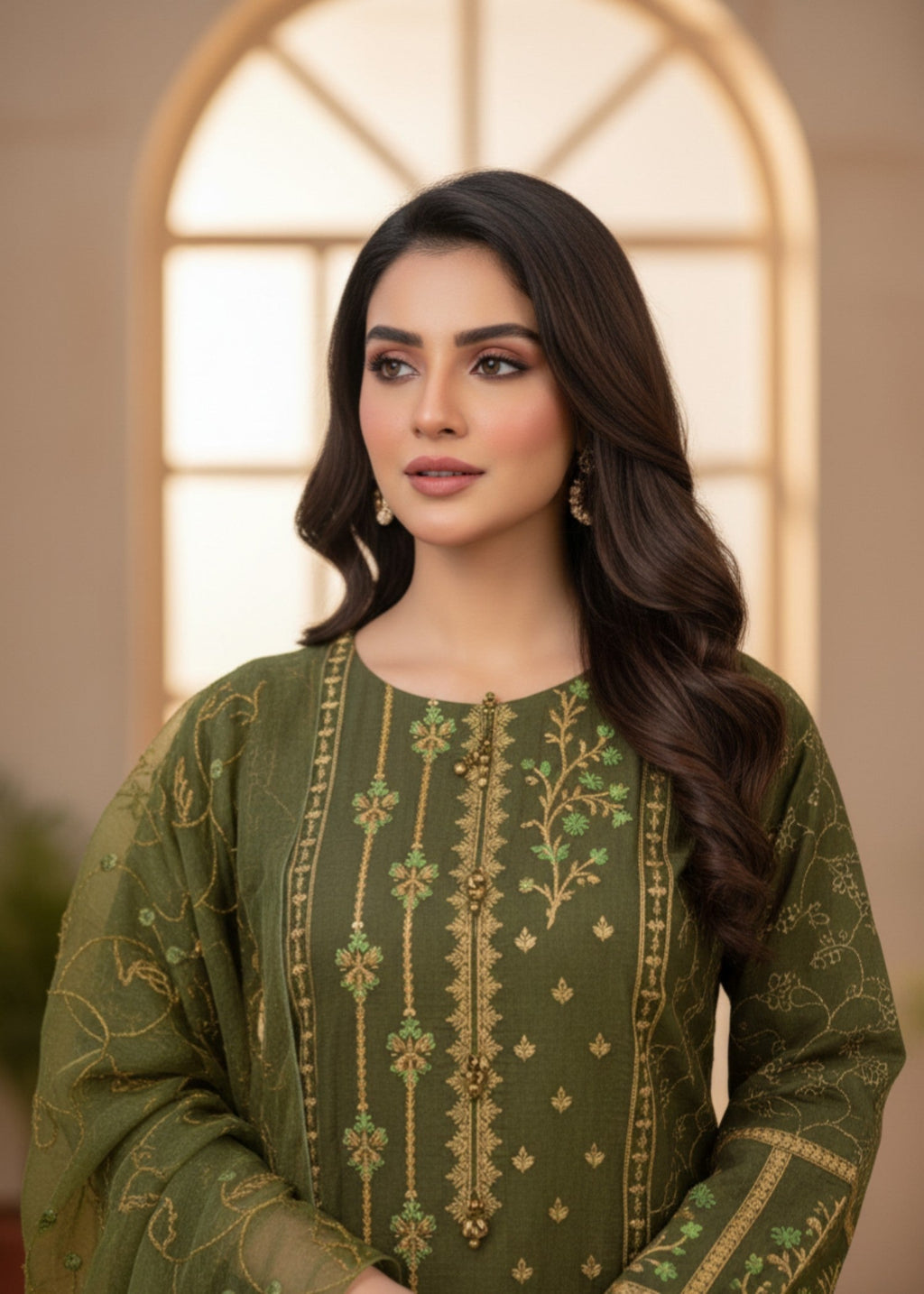 MMG Garments NOOR E KHADDAR| KHADDAR EMBROIDERED KURTA SET OLIVE GREEN MMG 813 Women 3pcs