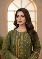 MMG Garments NOOR E KHADDAR| KHADDAR EMBROIDERED KURTA SET OLIVE GREEN MMG 813 Women 3pcs