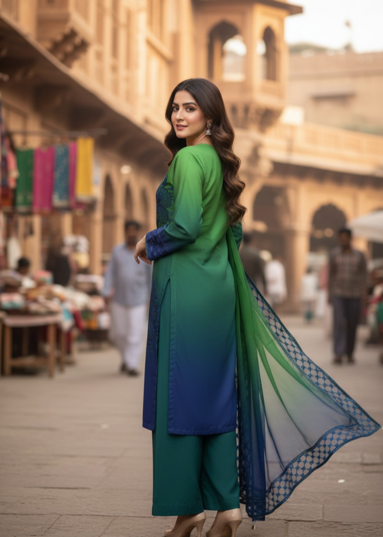 MMG Garments DOUBLE SHADED DIGITAL PRINTED EMBRODIERED KURTA SET MULTI MMG 1088 Women 3pcs