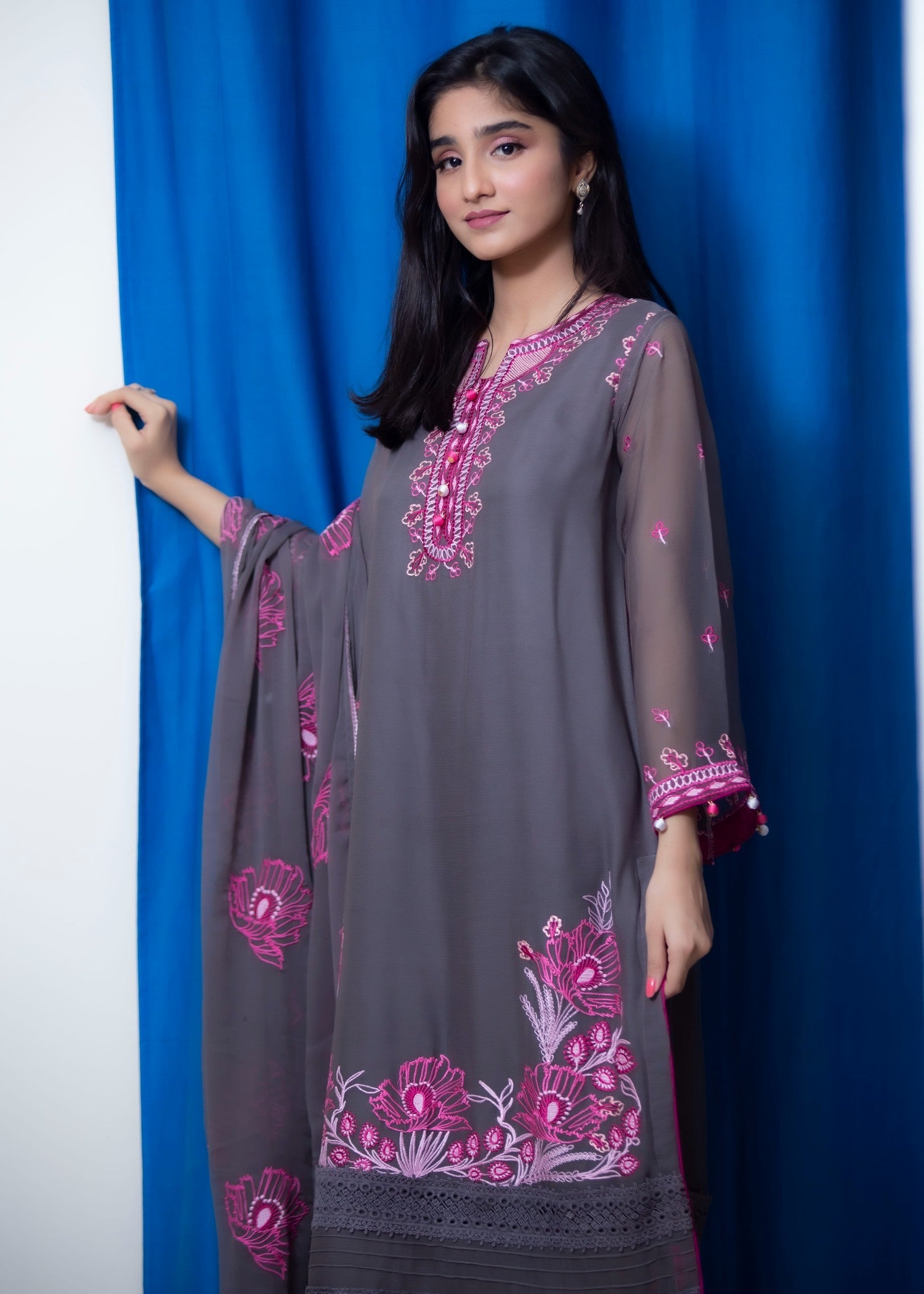 Hayati Collections Chiffon | Embroidered Suit with Dupatta | Grey Women 3pcs