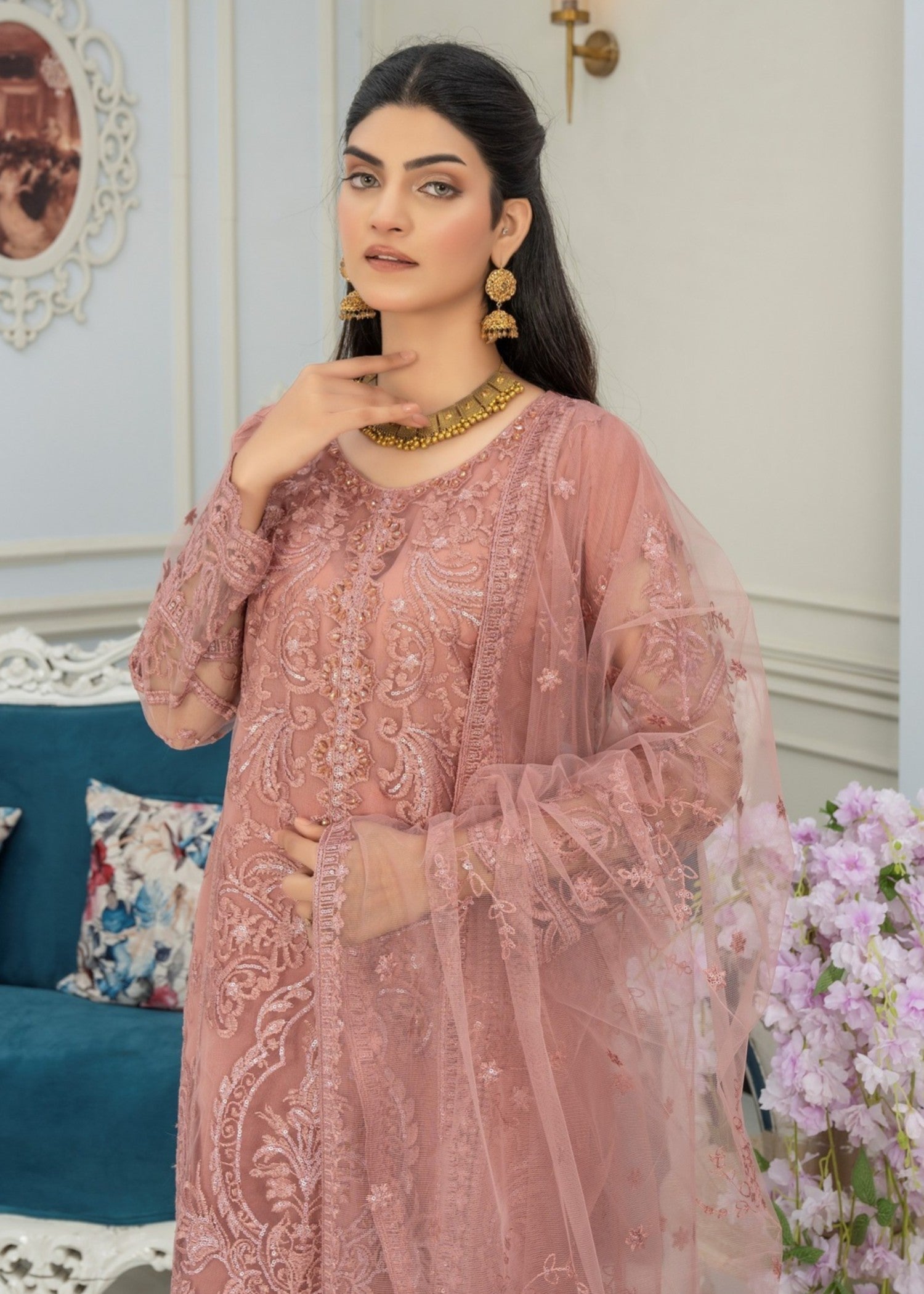 Pehnawa By Bin Akram’s TEA PINK TEMPTATION EMBROIDERED NET Women 3pcs