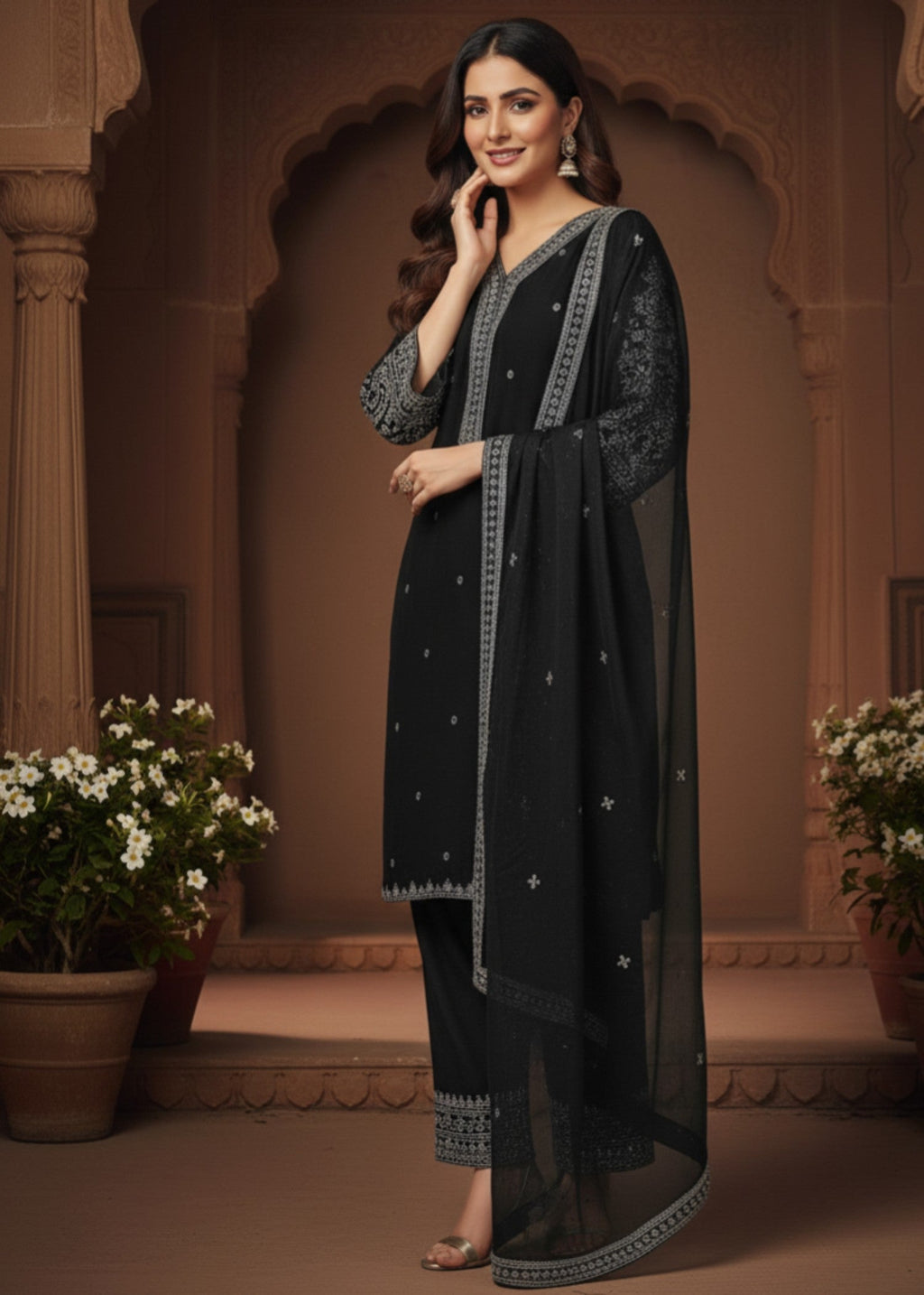 MMG Garments ZULEIKHA| VELVET EMBROIDERED KURTA SET BLACK MMG 010 Women 3pcs