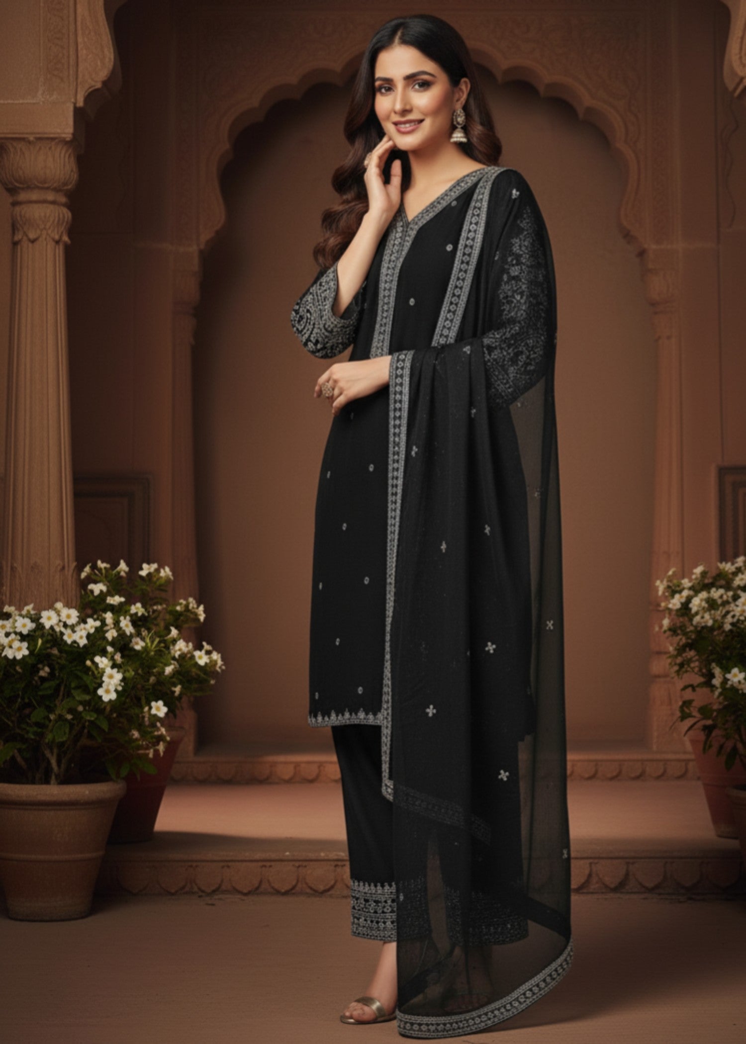 MMG Garments ZULEIKHA| VELVET EMBROIDERED KURTA SET BLACK MMG 010 Women 3pcs