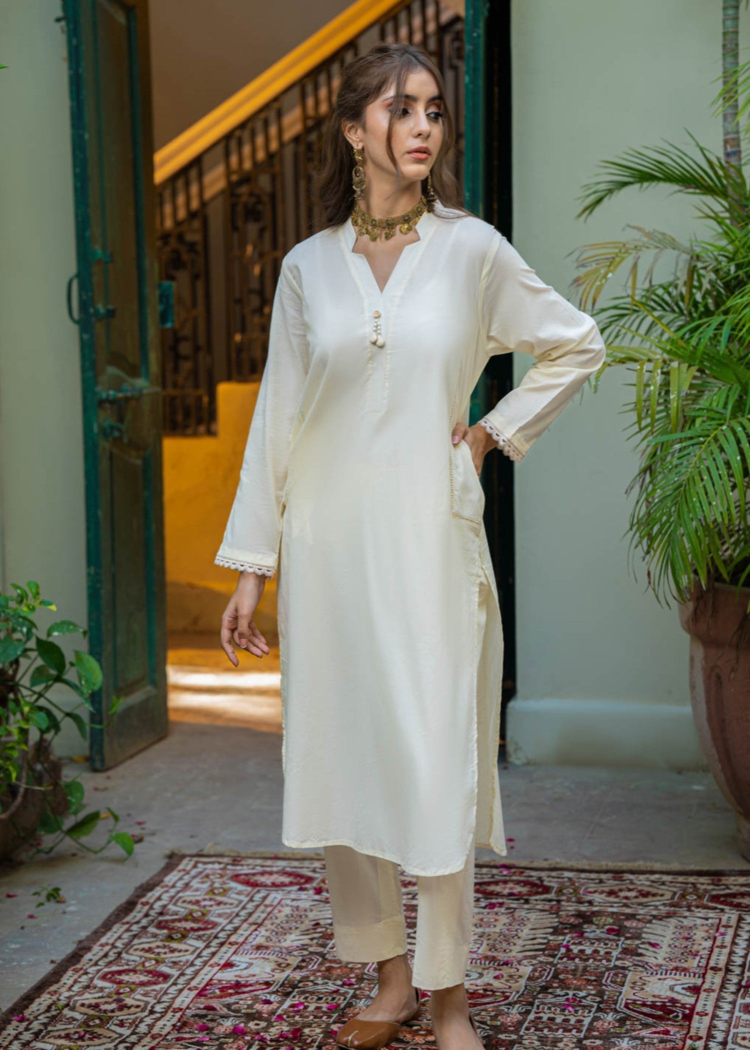 Tng (The Next Generation) Mizaaj Co Ord Set | Off White Women 2pcs