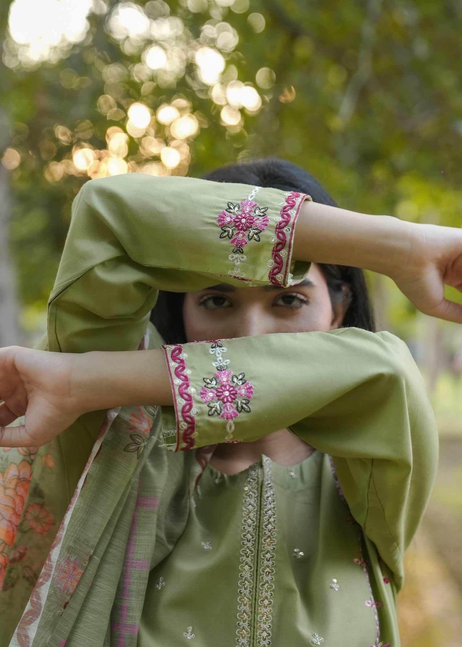 Attirepret Pista Green Floral Embroidered Cotton Women 3pcs