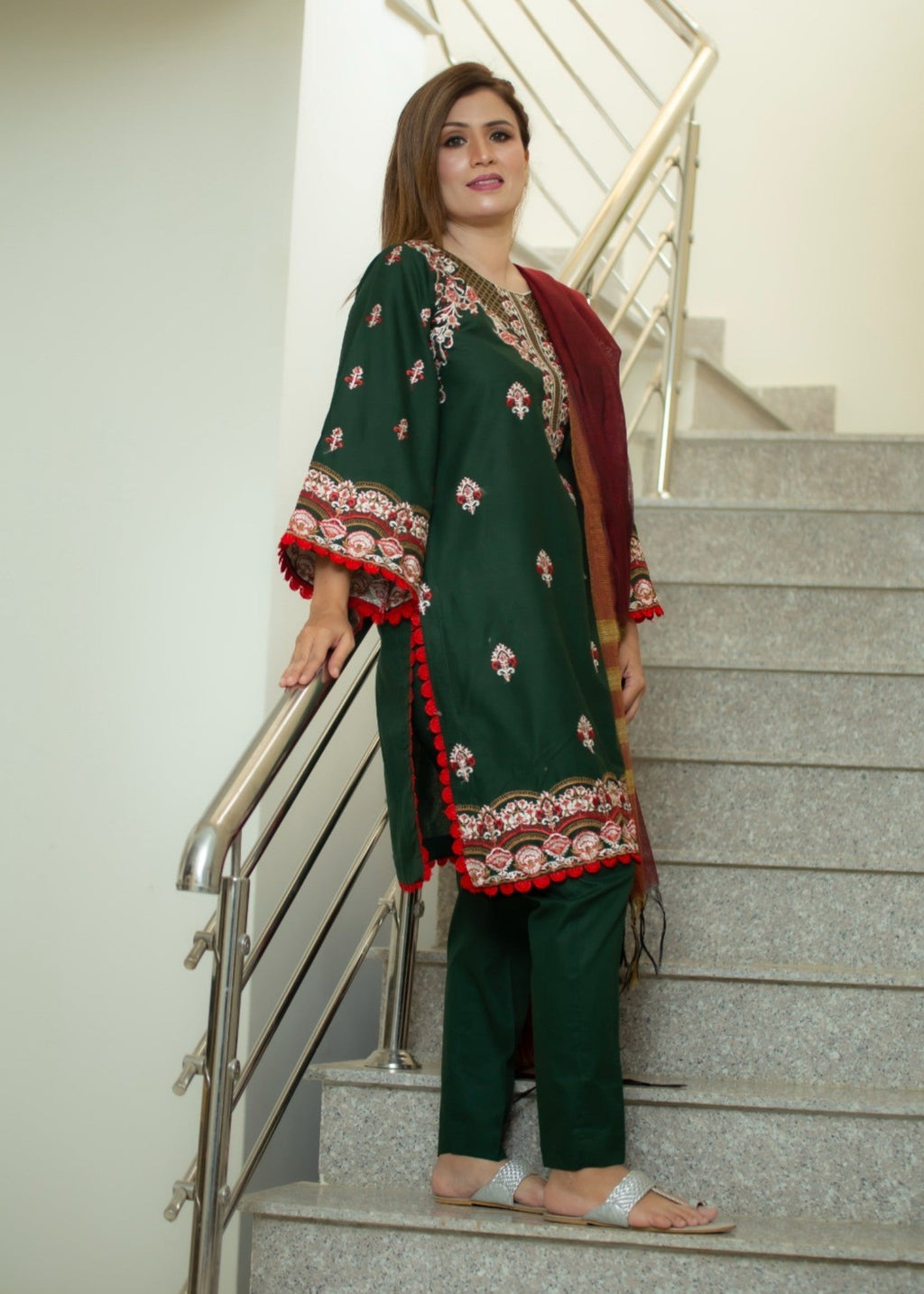 Hayati Collections Pure Cotton |Embroidery with Delicate Bead Detailing | Dark Green Women 3pcs