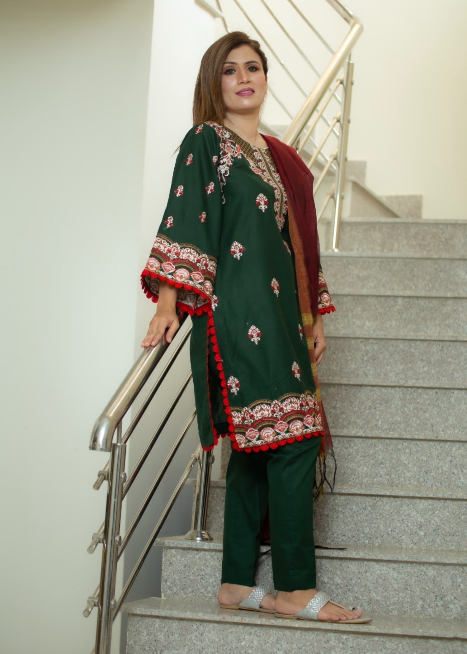 Hayati Collections Pure Cotton |Embroidery with Delicate Bead Detailing | Dark Green Women 3pcs