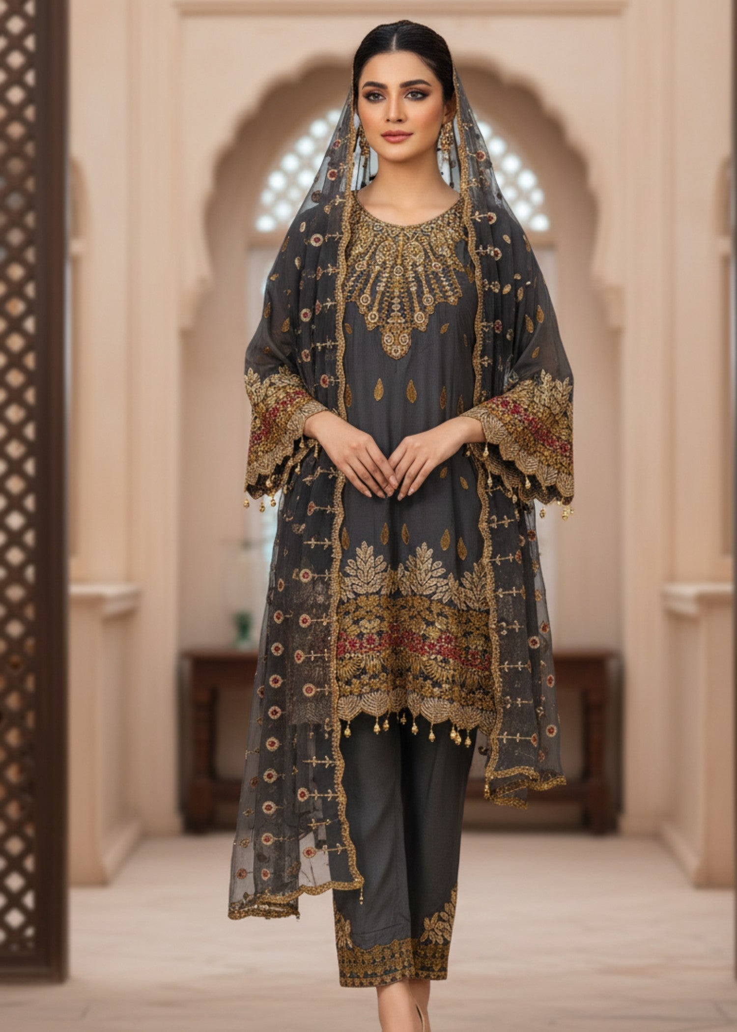 MMG Garments ANCHAL CLASSICAL CHIFFON EMBROIDERED FROCK DARK GREY MMG 893 Women 3pcs