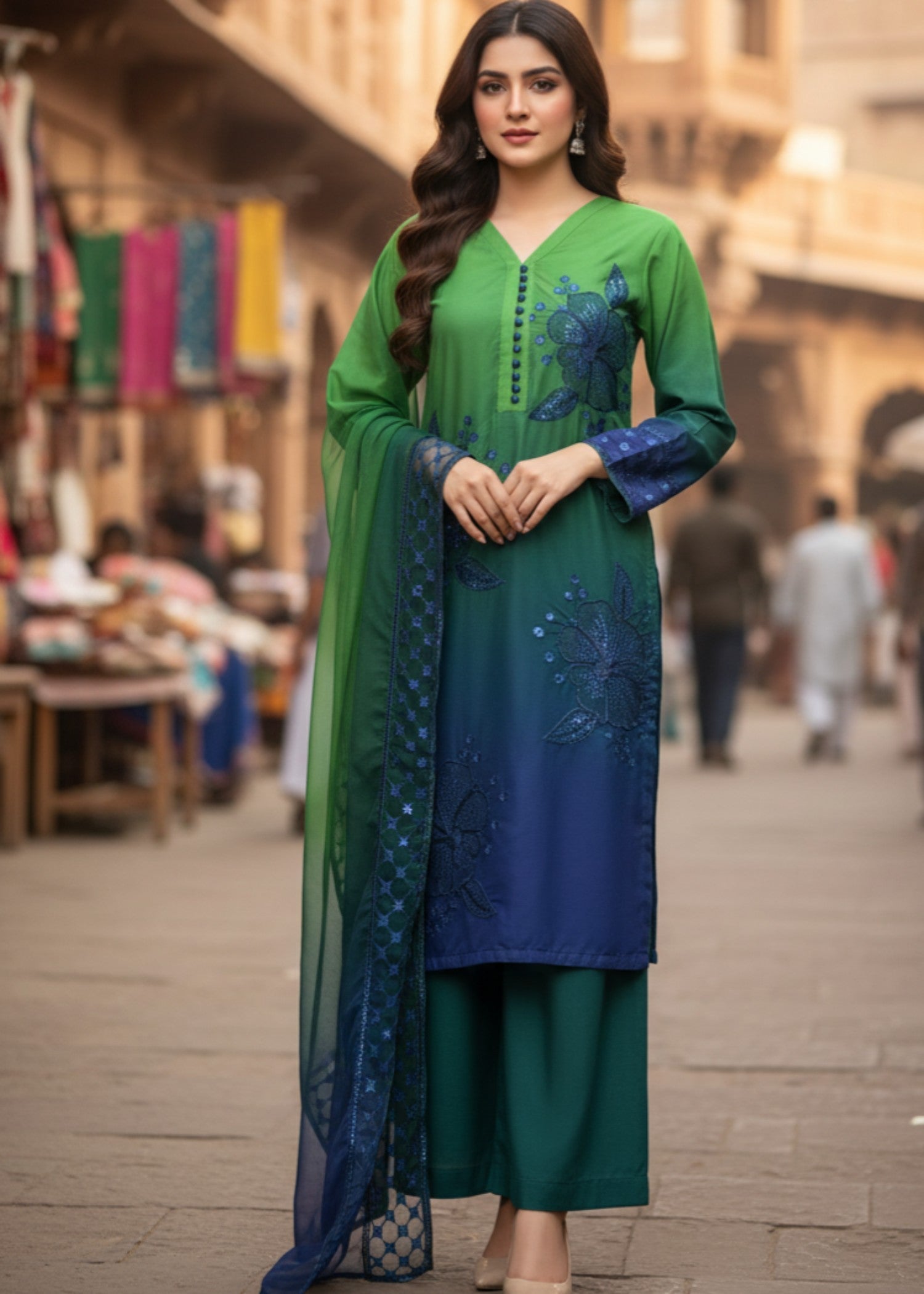 MMG Garments DOUBLE SHADED DIGITAL PRINTED EMBRODIERED KURTA SET MULTI MMG 1088 Women 3pcs