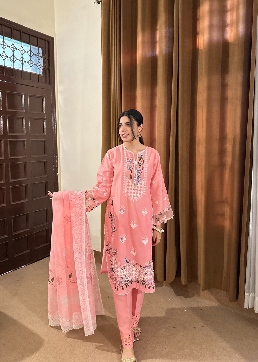 Attirepret Soft Pink Cotton Embroidered Women 3pcs