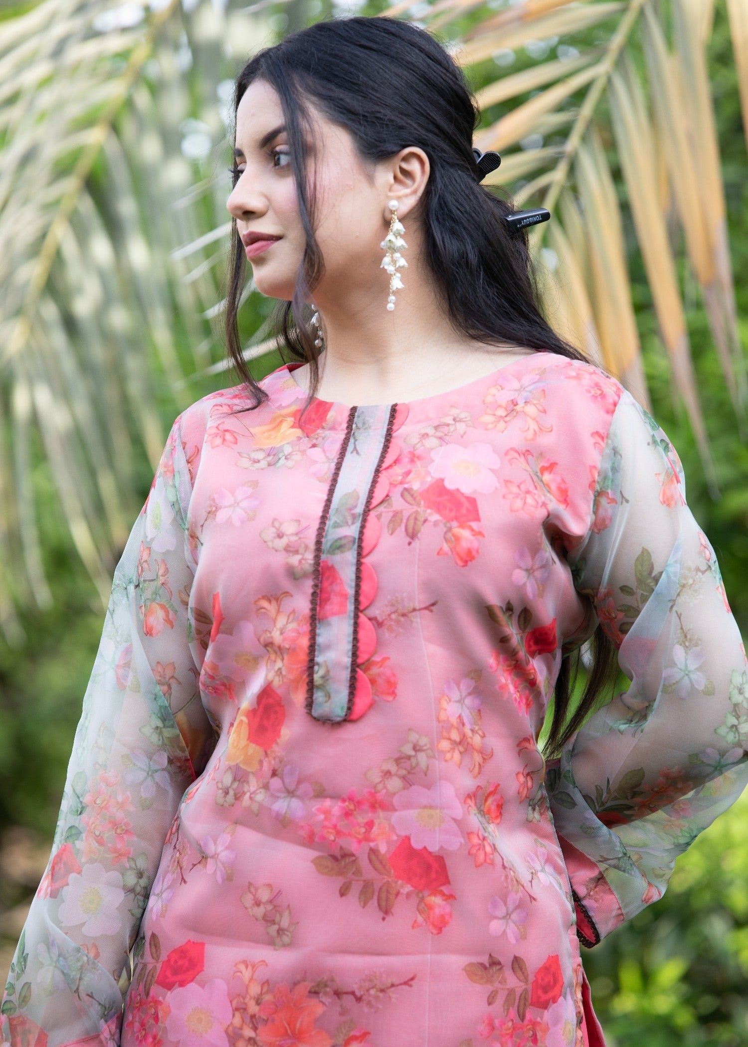 Hayati Collections Organza Printed Suit |Tea Pink Women 2pcs