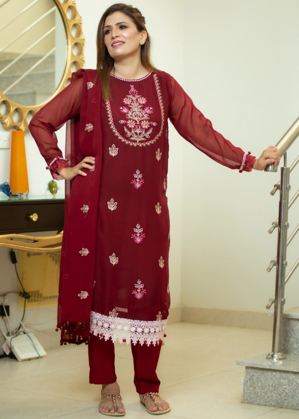 Hayati Collections Chiffon | Embroidered Suit with Dupatta | Maroon Women 3pcs