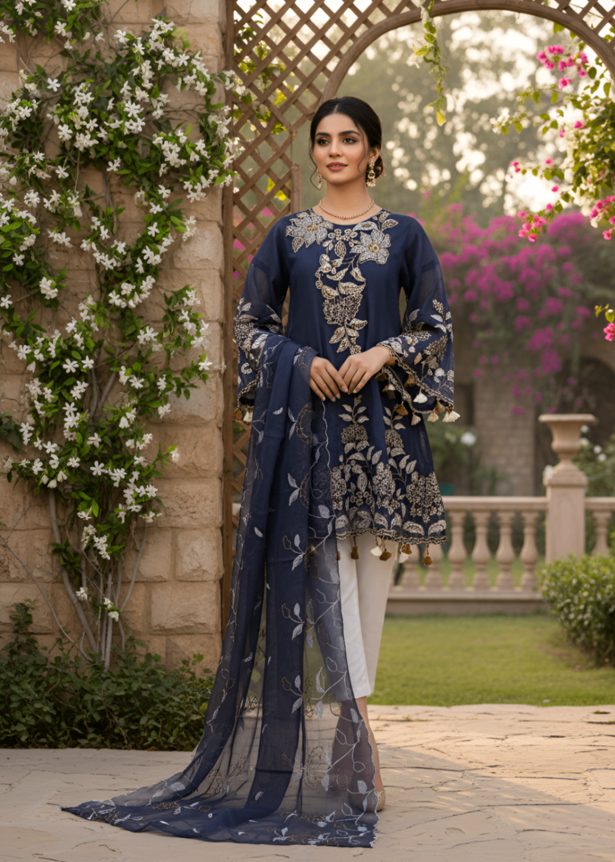 MMG Garments NURA| LINING ORGANZA EMB FROCK DARK BLUE MMG 745 Women 3pcs