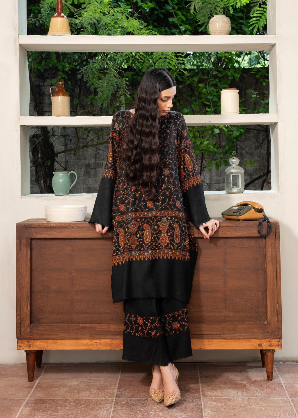 Naaz Couture Pashmina Wool Embroidered Coord Set Black Women 2pcs