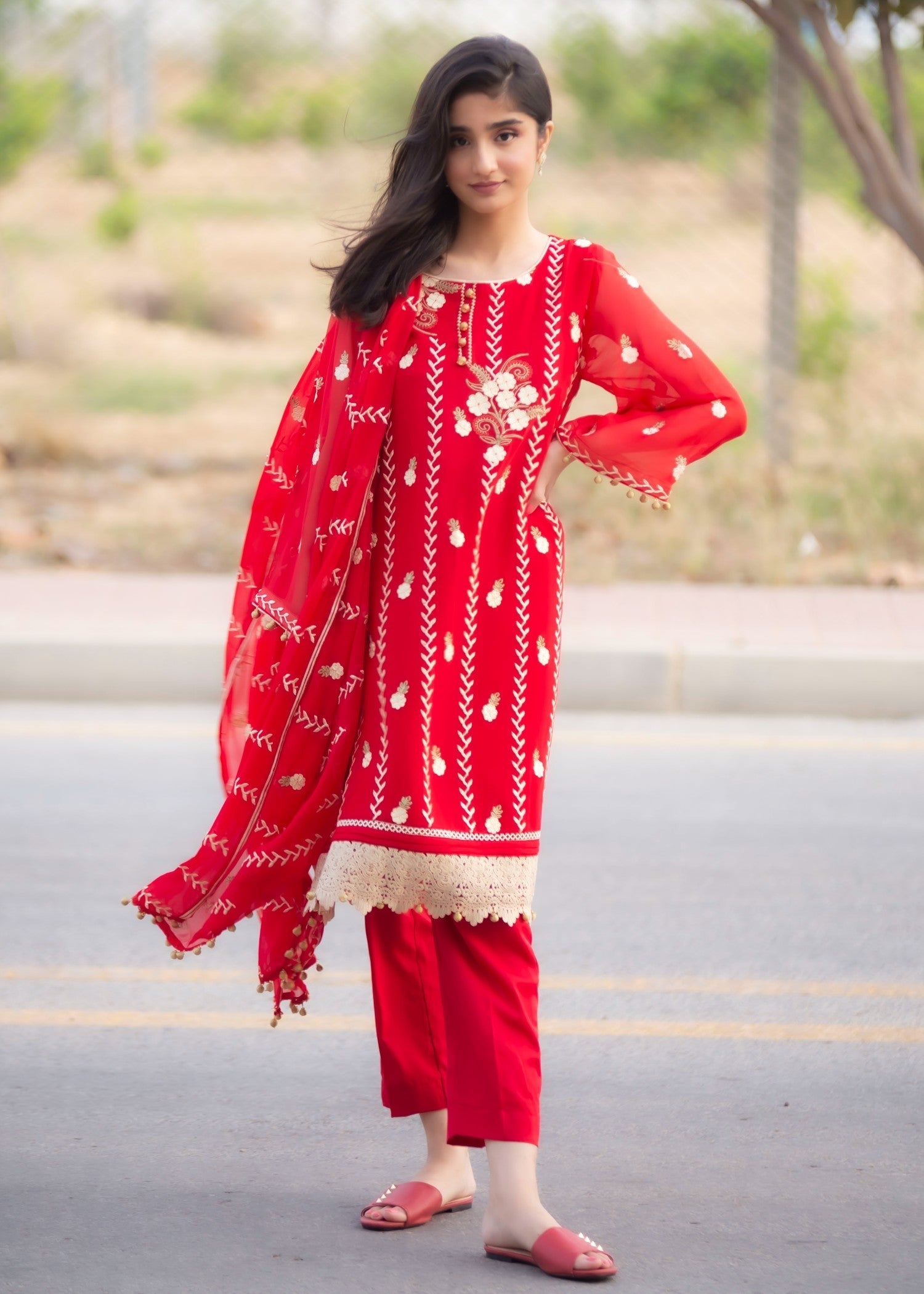 Hayati Collections Chiffon | Embroidered Suit with Dupatta | Red Women 3pcs