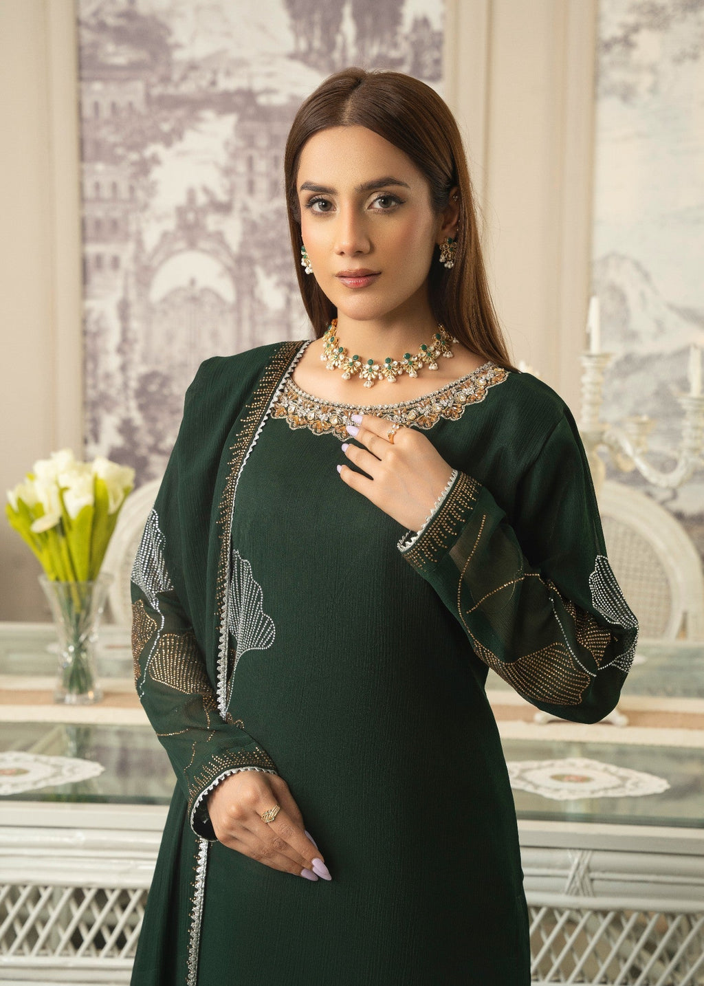 Maira Fashion Green Studded RhineStone Kurta Set Women 4pcs
