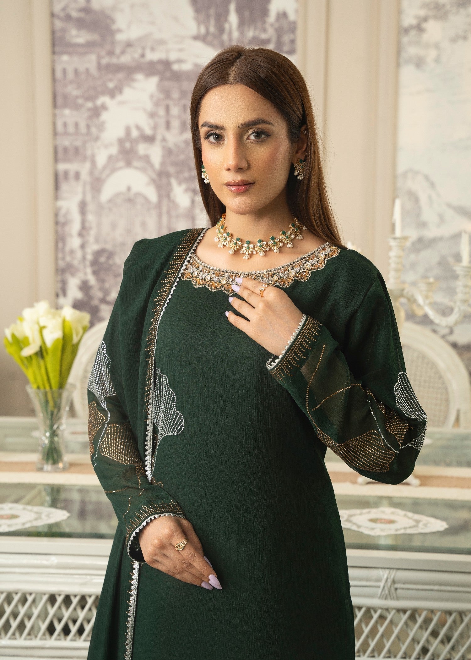 Maira Fashion Green Studded RhineStone Kurta Set Women 4pcs