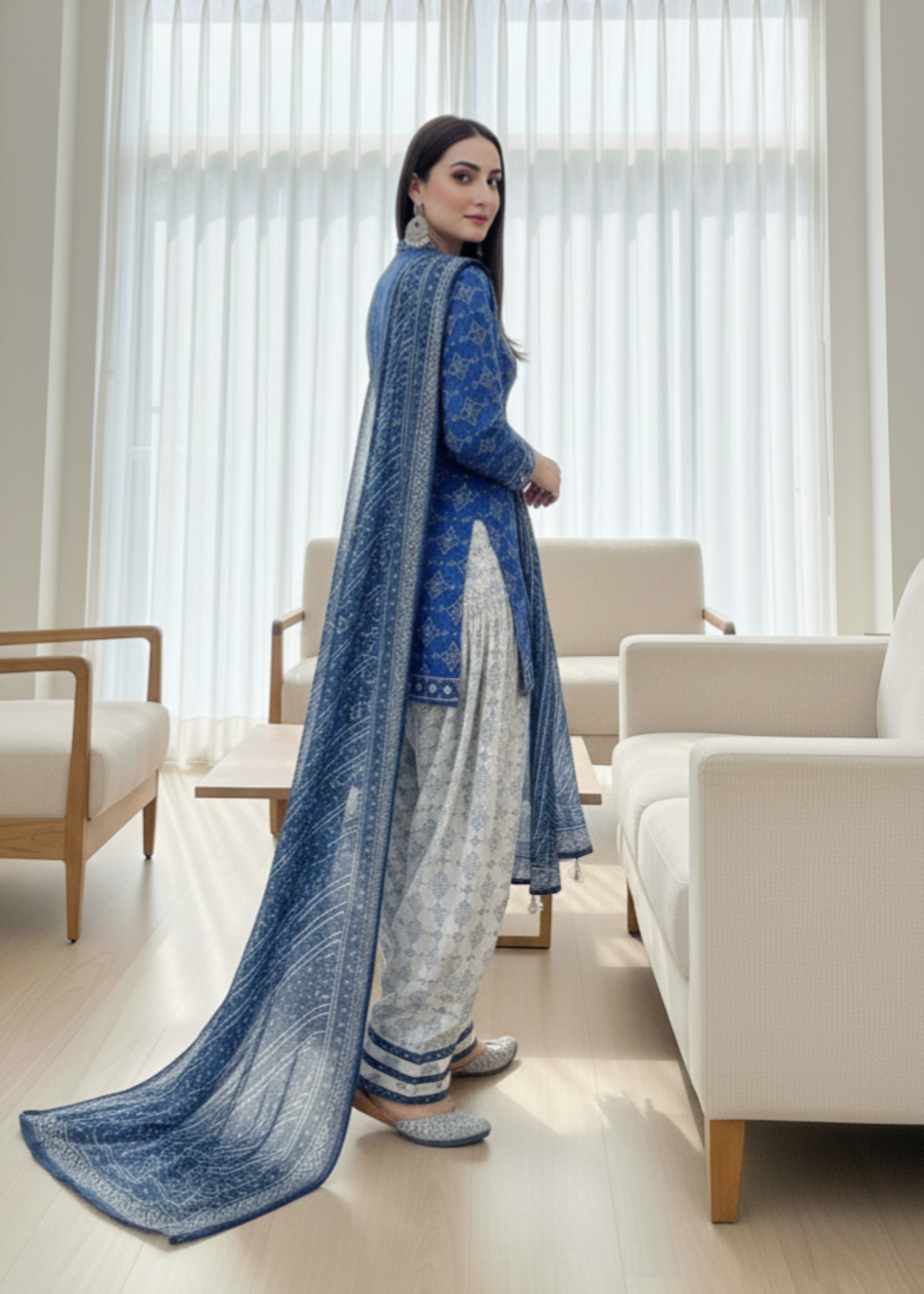 Gulposh Chunri Blue (Digital ) With Farshi Shalwar Women 3pcs