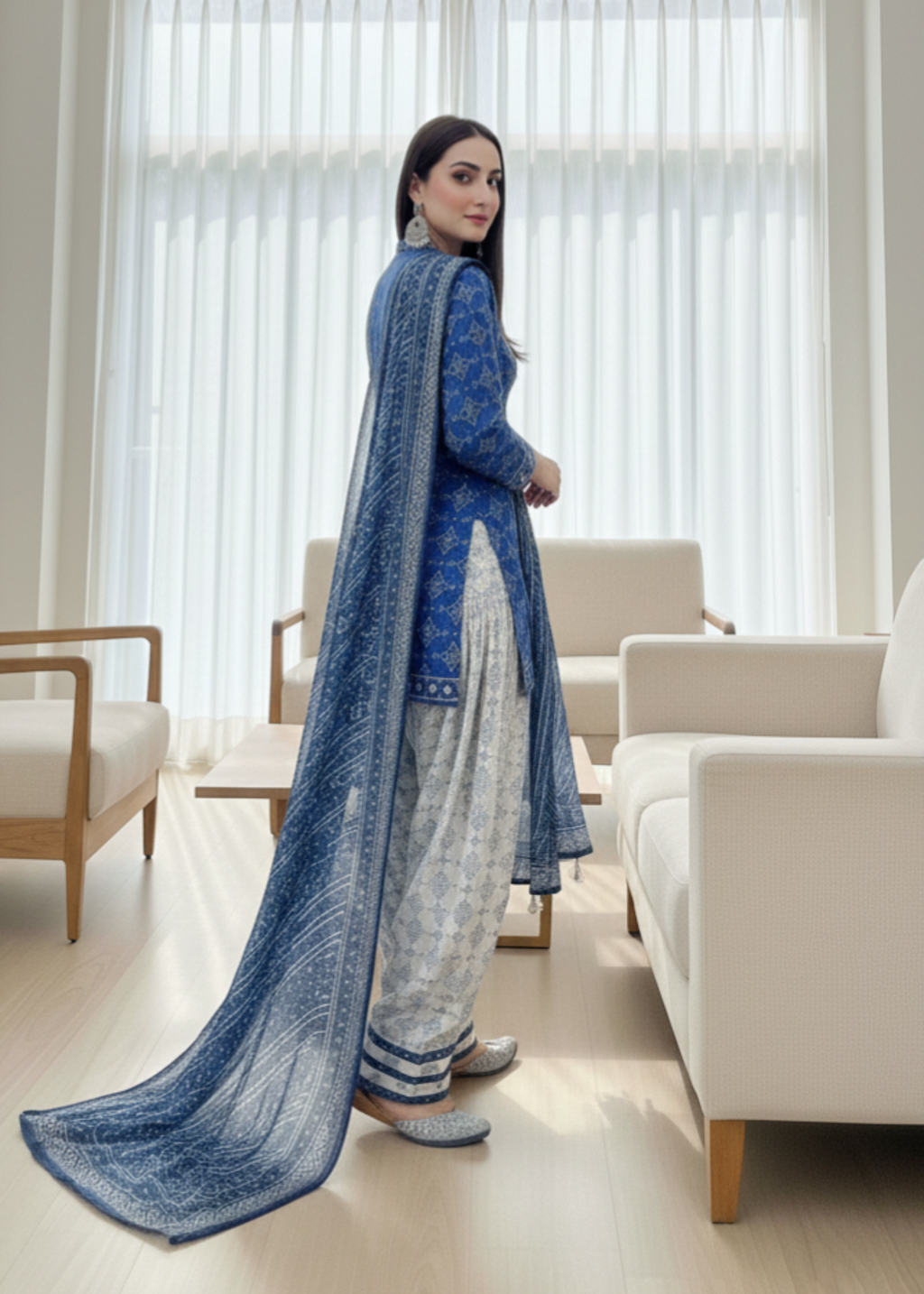 Gulposh Chunri Blue (Digital ) With Farshi Shalwar Women 3pcs