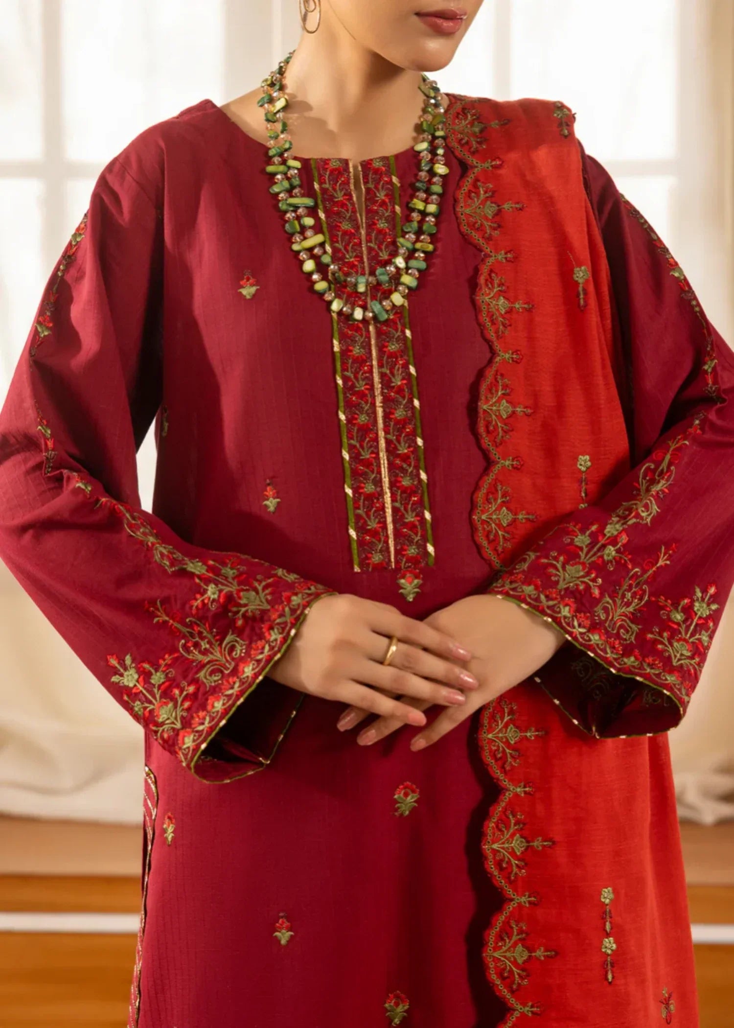 Saya Solid Embroidered Slub Cotton Stitched WP3S 166 Women 3pcs