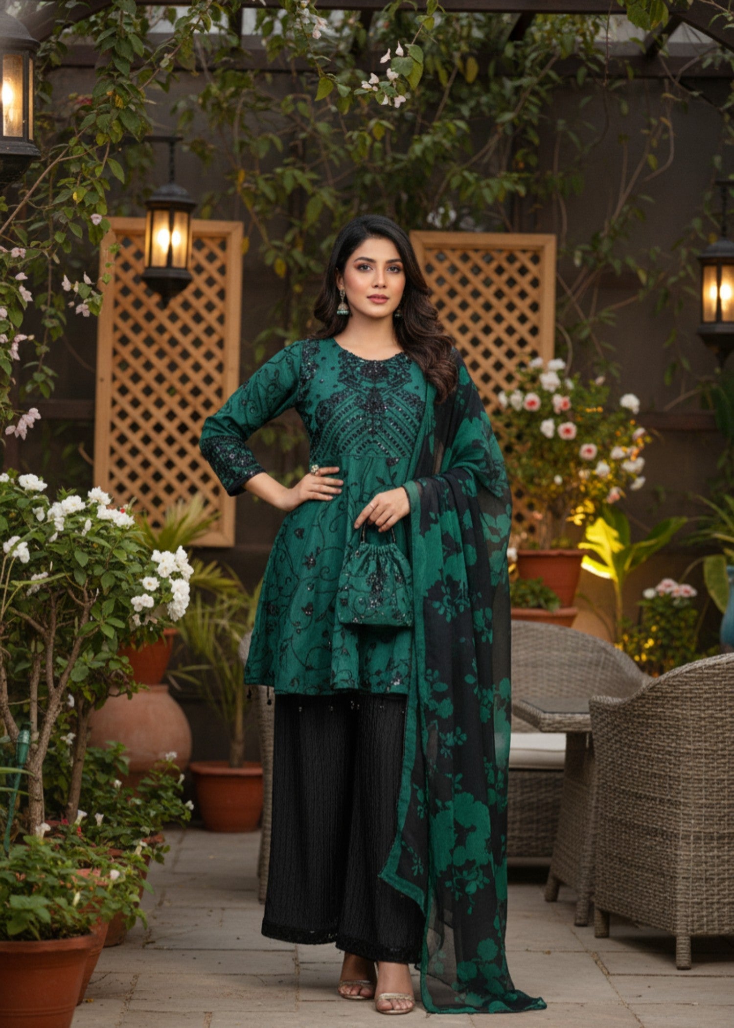 MMG Garments ZAREENAH|BLACK QUOTA ORGANZA EMB FROCK SEA GREEN MMG 896 Women 4pcs