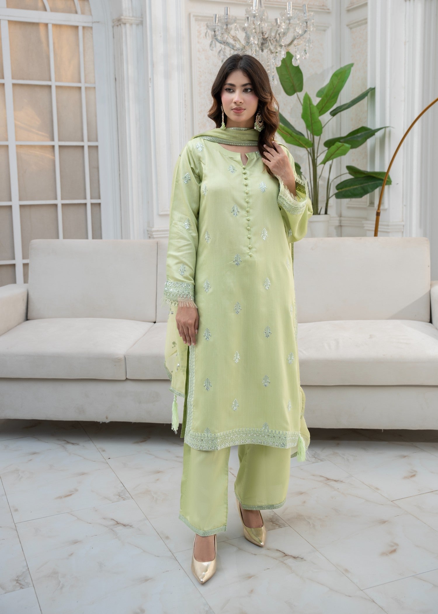 Maharani Official Noor e eid Pista Embroidered Stitched suit Women 3pcs