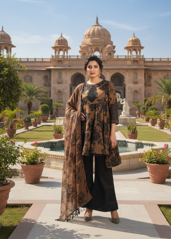 MMG Garments MEHRBAAN|HEAVY SEQUINE ORGANZA HAND EMBROIDERED FROCK BROWN MMG 817 Women 3pcs