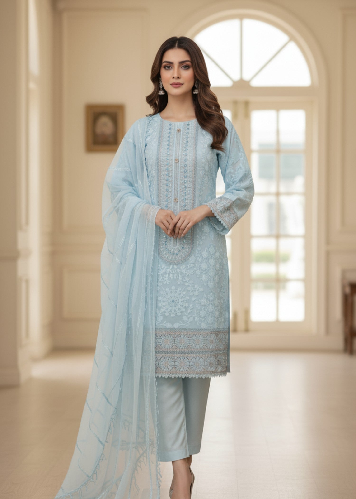MMG Garments RUKHSAR| ORGANZA NET EMBROIDERED KURTA SET ICE BLUE MMG 1074 Women 3pcs
