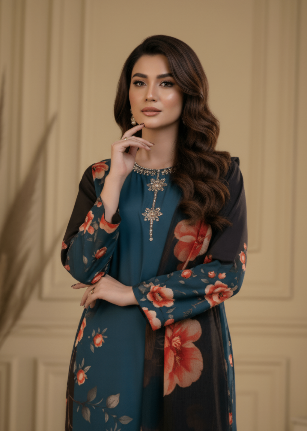 Brandlo.Pk Teal & Black Floral Printed Silk/Satin Three Piece Ensemble Women 2pcs