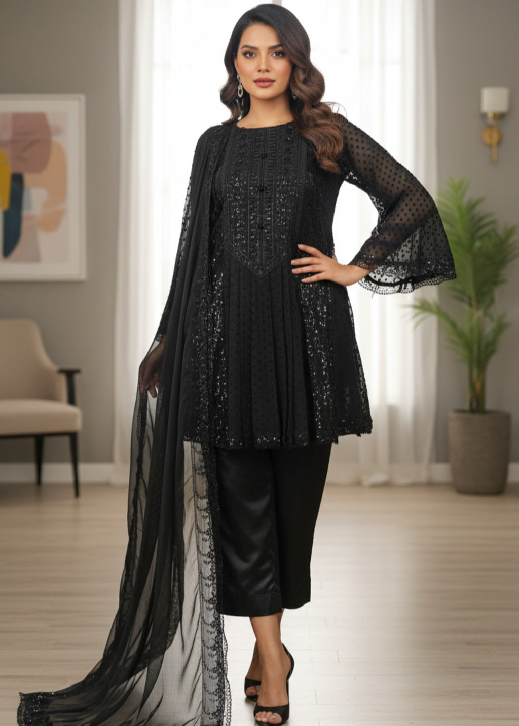MMG Garments ZAR E HUSN| CHIFFON EMB LAYERED FROCK BLACK MMG 906 Women 3pcs