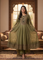 MMG Garments BALOCHI GRACE|CHIFFON EMBROIDERED PISHWAS MOSS GREEN MMG 1097 Women 3pcs