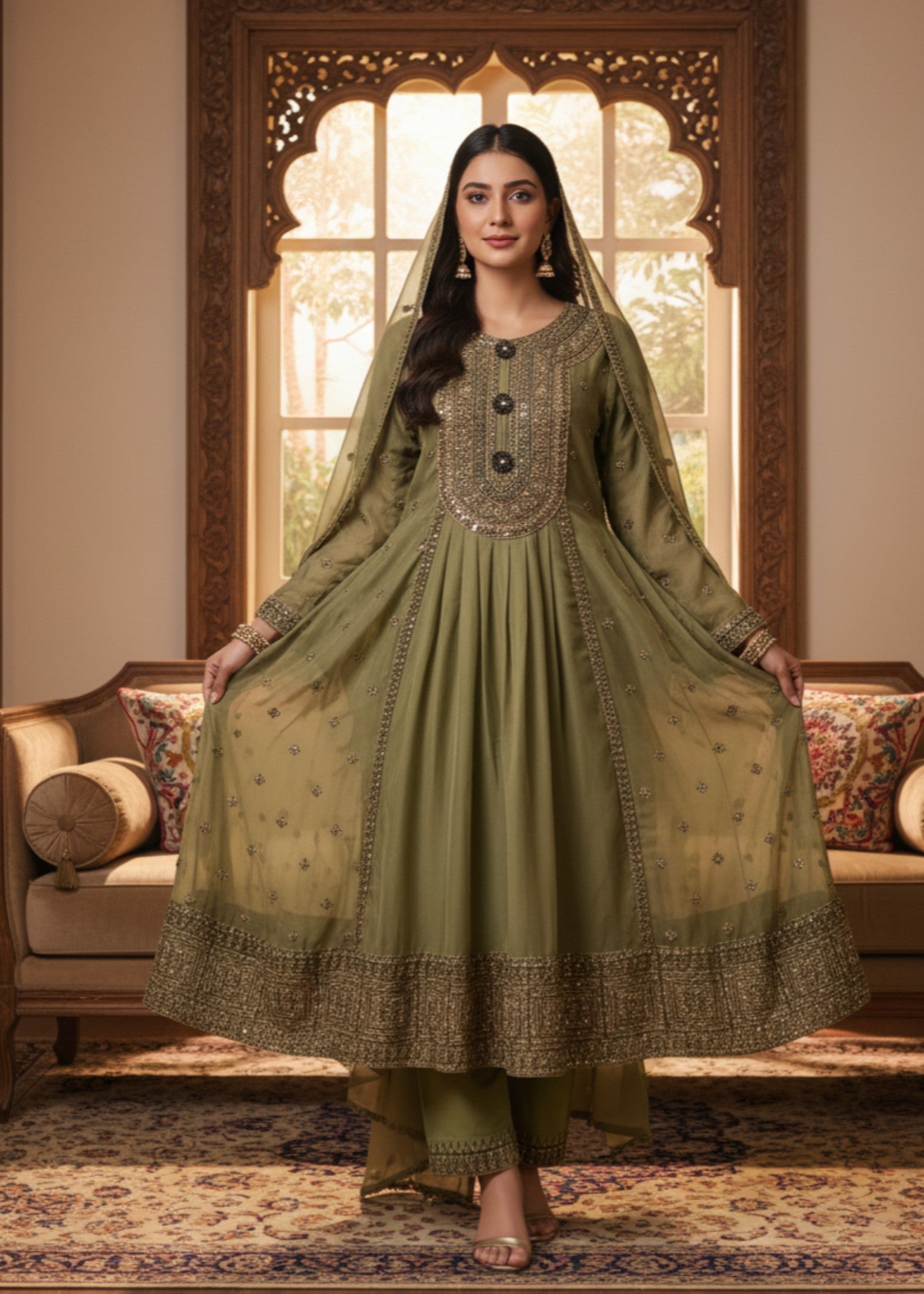 MMG Garments BALOCHI GRACE|CHIFFON EMBROIDERED PISHWAS MOSS GREEN MMG 1097 Women 3pcs