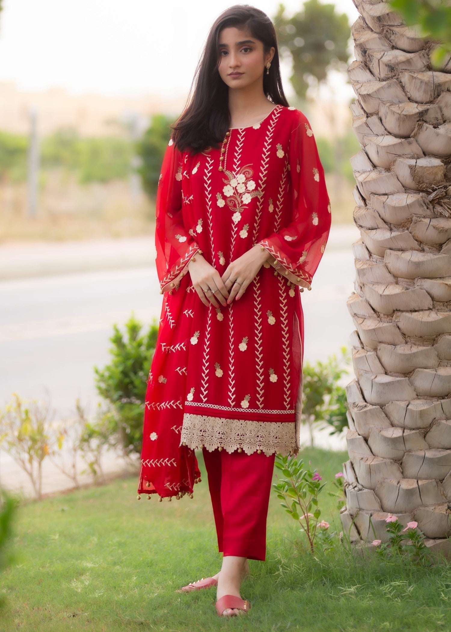 Hayati Collections Chiffon | Embroidered Suit with Dupatta | Red Women 3pcs