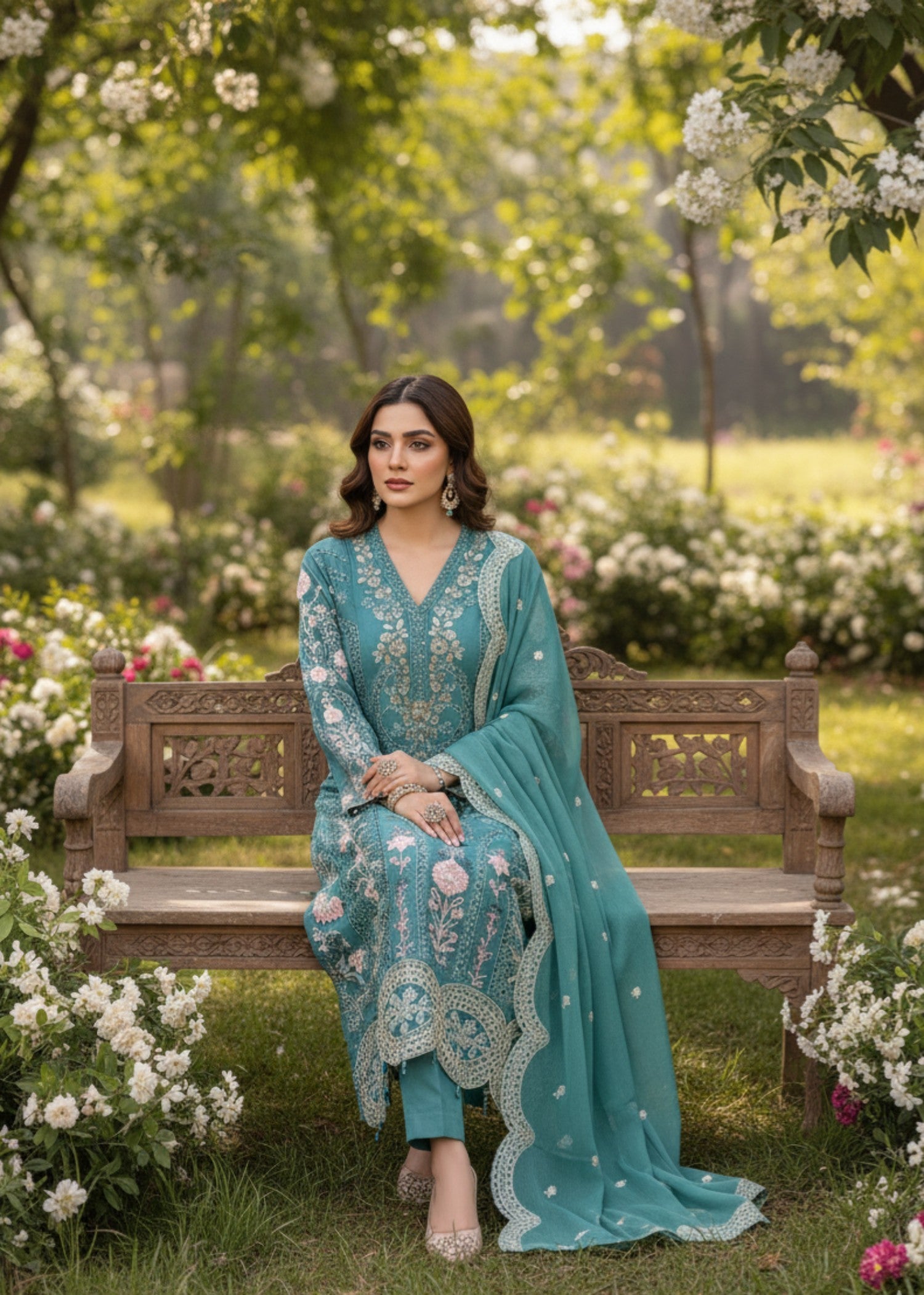 Pehnawa By Bin Akram’s Teal Glory | Chiffon Kurta Set Women 3pcs