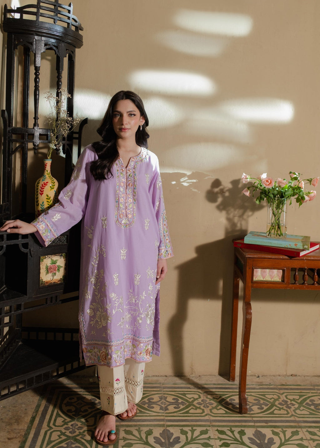 Azulie Lavender Embroidered Kurta by Women 1pcs