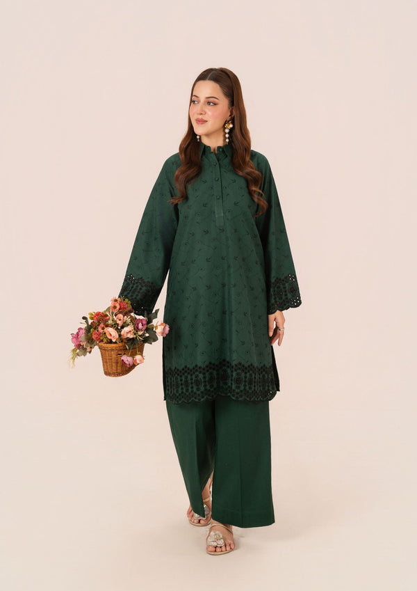 Yolo Pret Schiffli Embroidered Cambric Bottle Green Set Rozana W25 0026 Women 2pcs