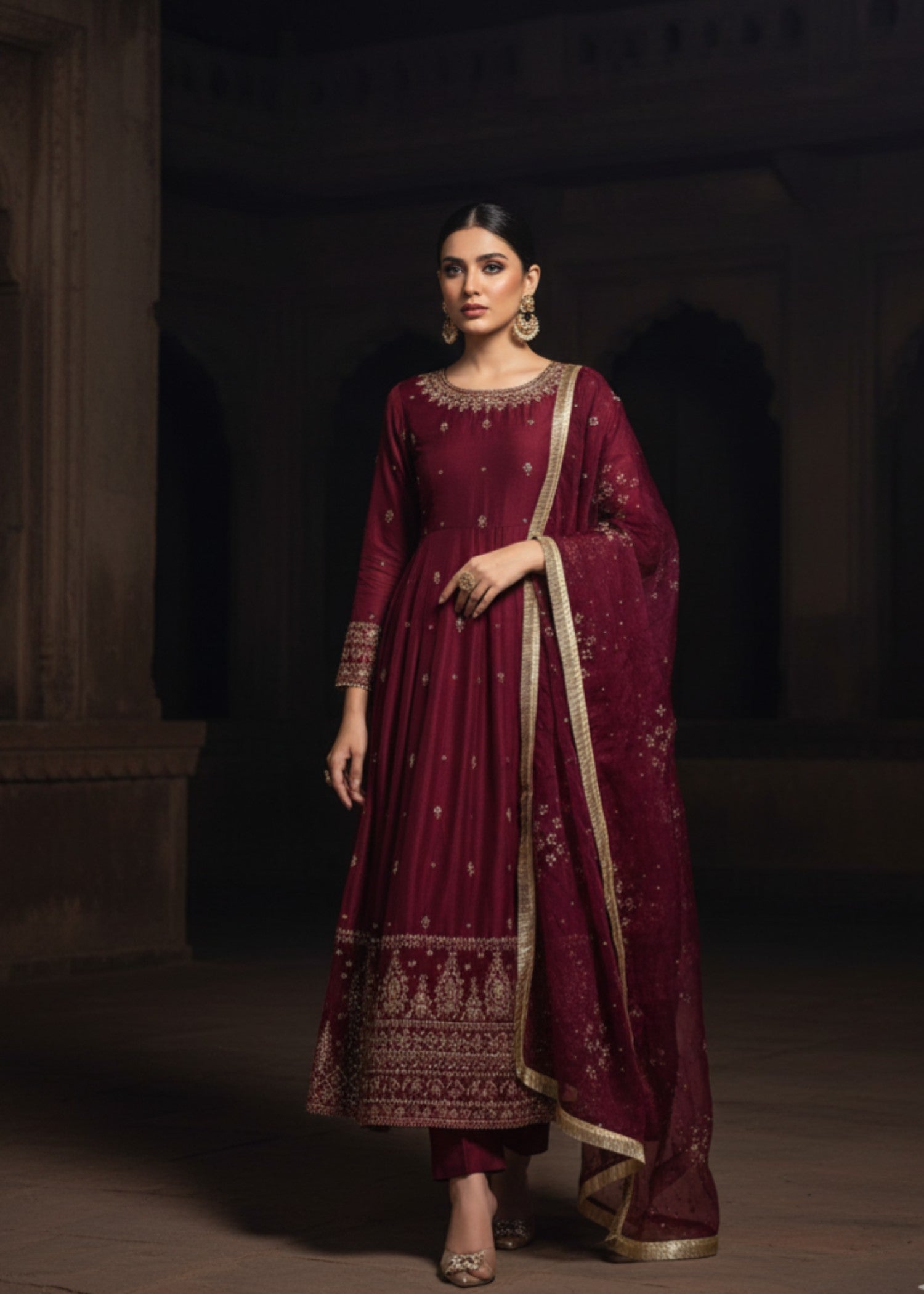 Pehnawa By Bin Akram’s Maroon Bloom | Kattan Silk Maxi Women 3pcs