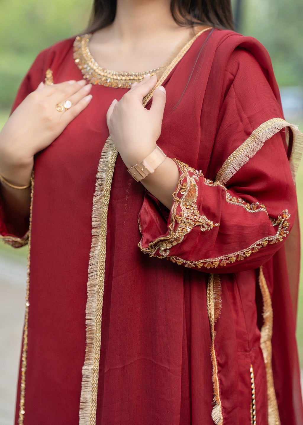 Suits By Sadia Maroon chiffon decent Women 3pcs