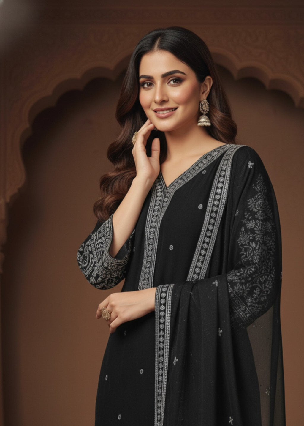 MMG Garments ZULEIKHA| VELVET EMBROIDERED KURTA SET BLACK MMG 010 Women 3pcs