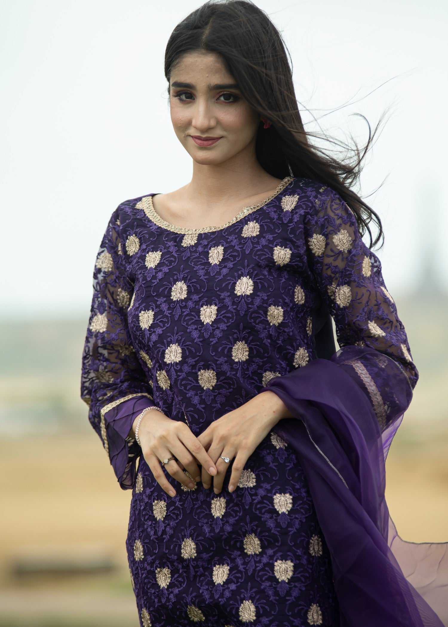 Hayati Collections Organza Suit – Embroidered | Purple Women 3pcs