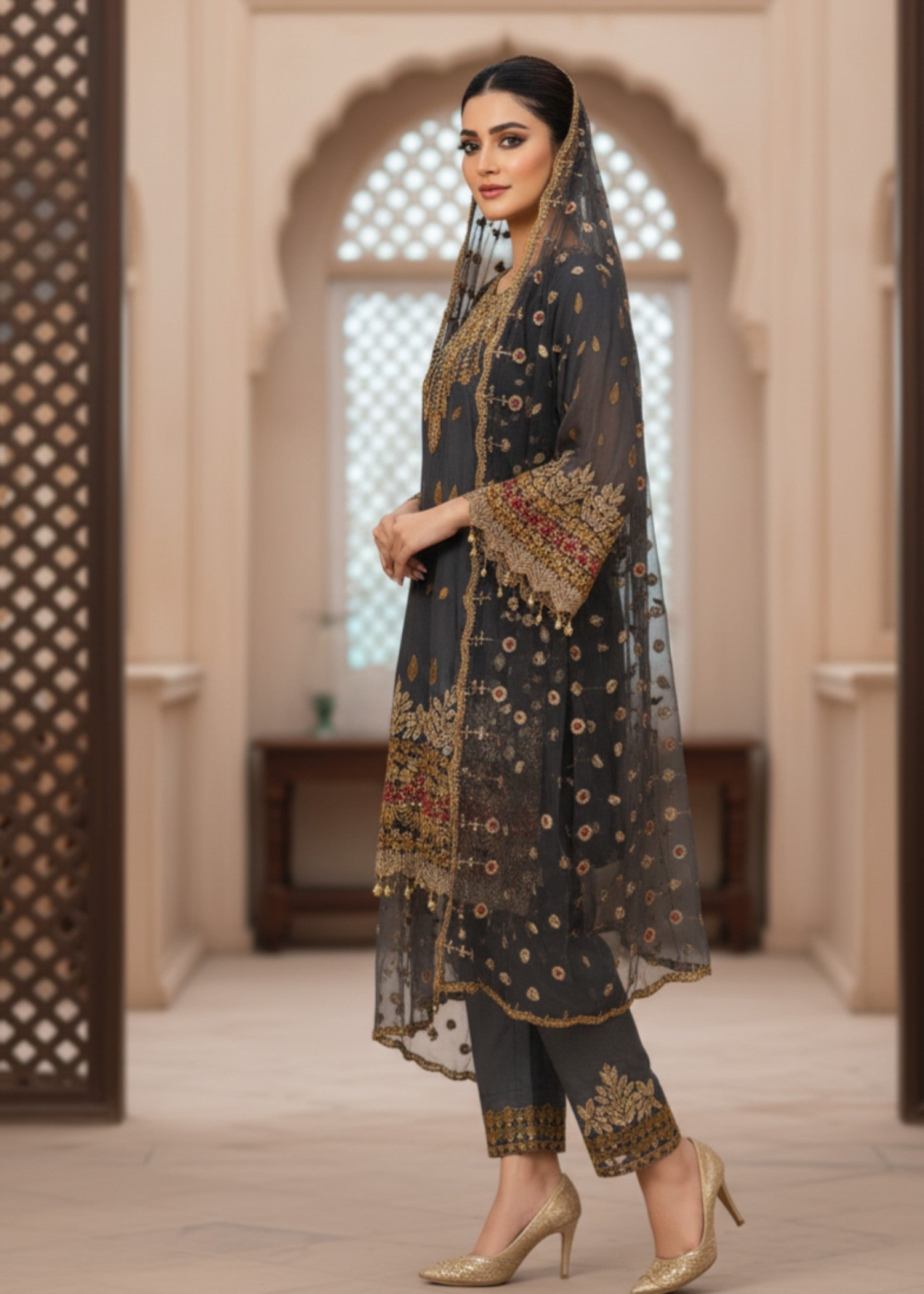 MMG Garments ANCHAL CLASSICAL CHIFFON EMBROIDERED FROCK DARK GREY MMG 893 Women 3pcs