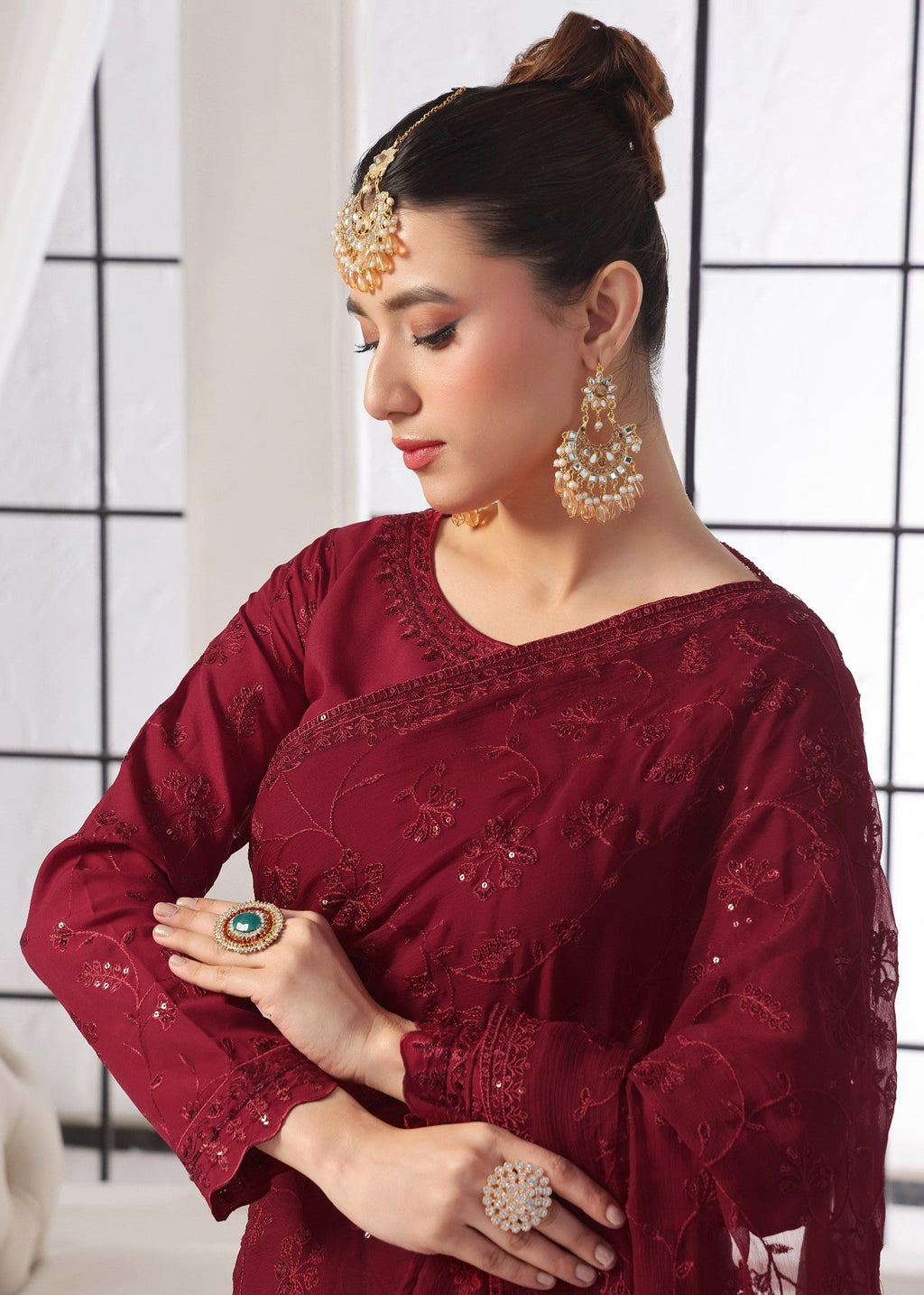 Luxeurs Maroon Chiffon Stitched Saree Women 3pcs