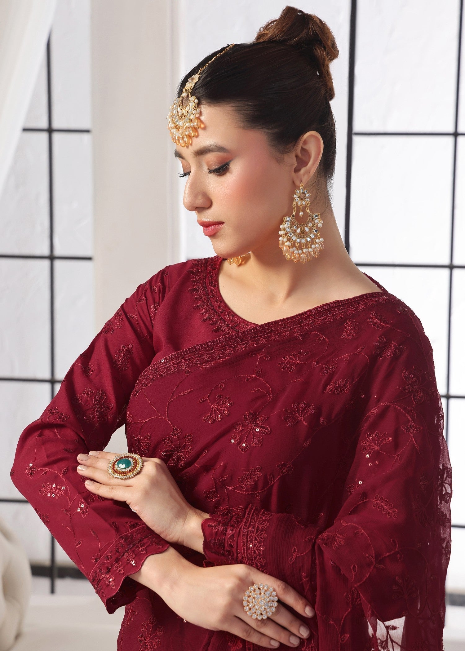 Luxeurs Maroon Chiffon Stitched Saree Women 3pcs