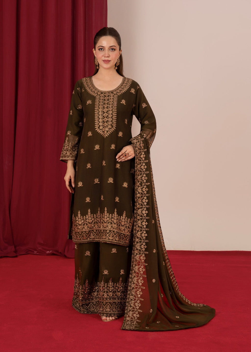 Four Season Boutique YUMNA PLAZZO OLIVE GREEN Women 3pcs