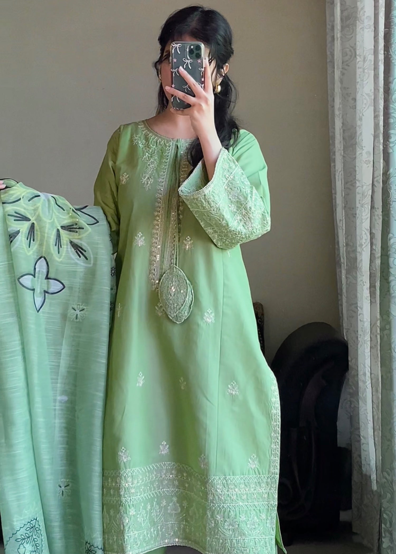 Attirepret Pistachio Green Embroidered Cotton Suit – By Women 3pcs