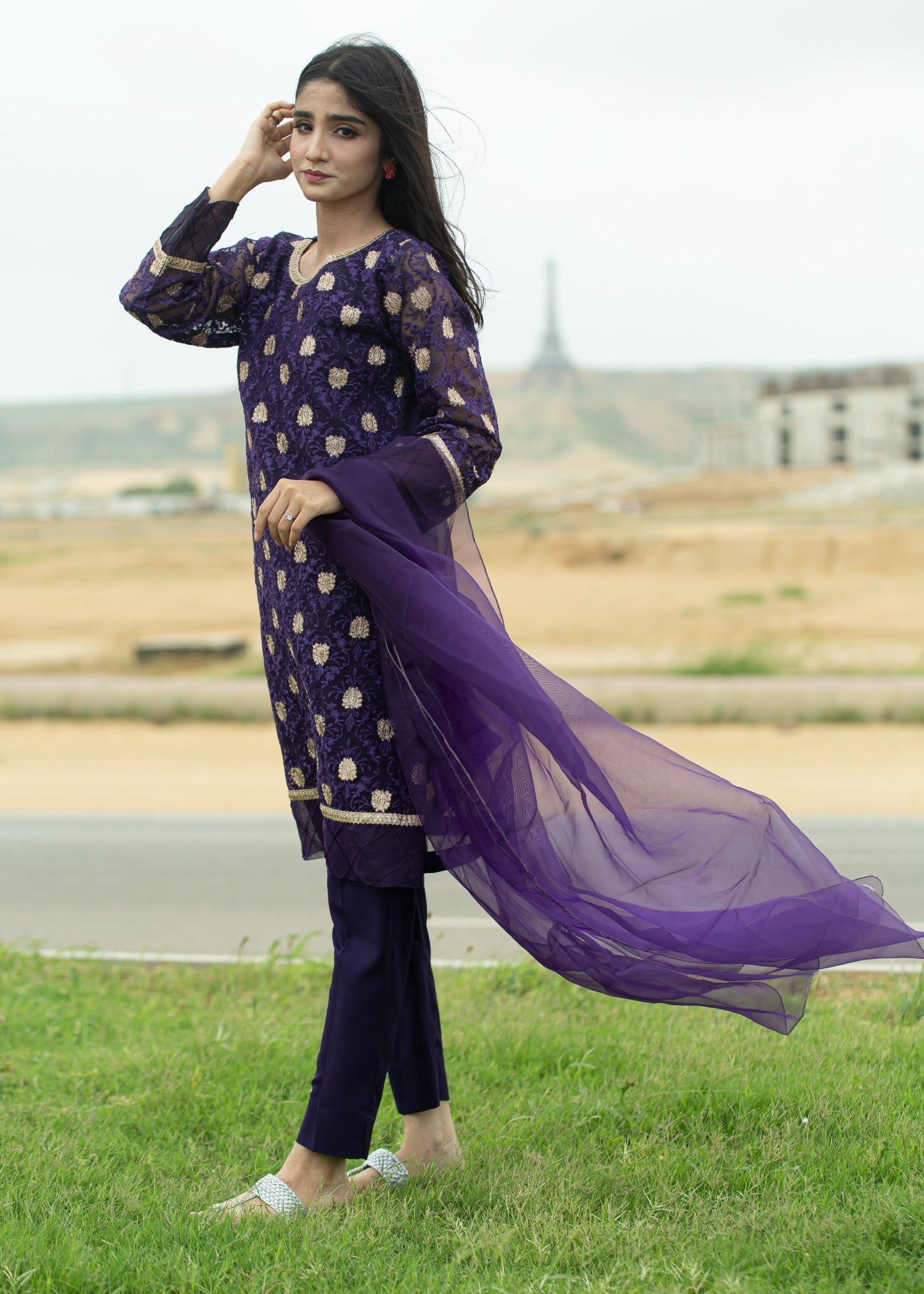 Hayati Collections Organza Suit – Embroidered | Purple Women 3pcs