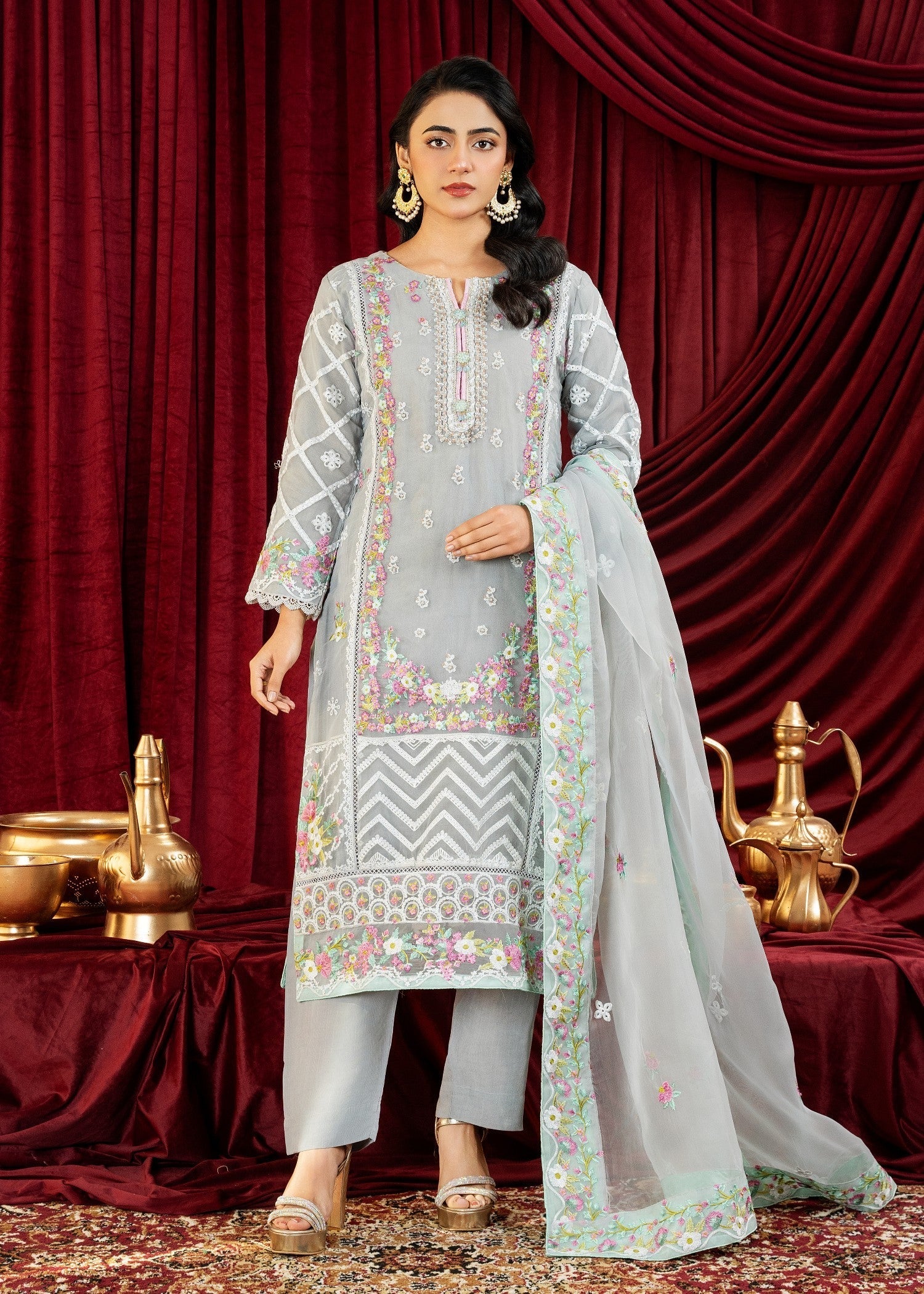 Waniya Awais WAS 177 Steel Grey Stitched Women 3pcs