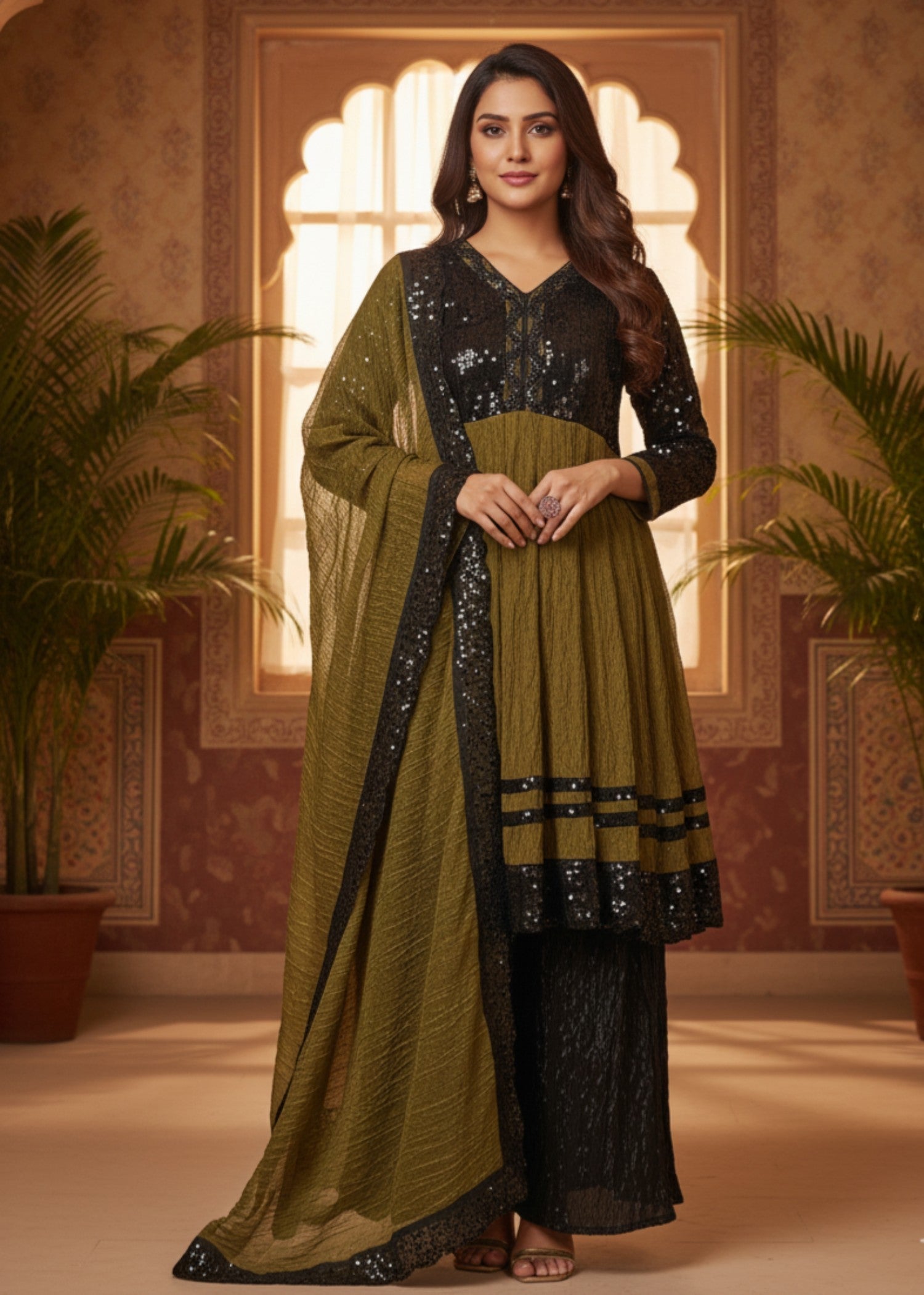 MMG Garments ZAREEN SITARA CLASSICAL CREATION SEQUINE FROCK OLIVE GREEN MMG 204 Women 3pcs