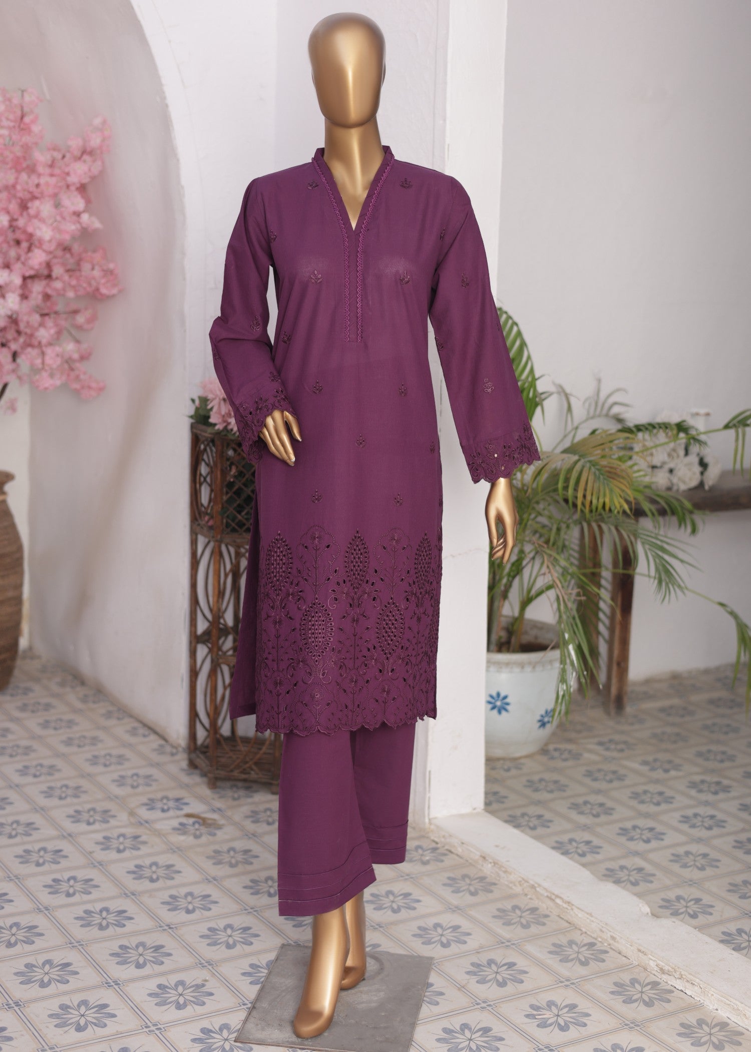 Suntex Fabrics CO ORDS Magenta Haze Chikan Kari Women 2pcs