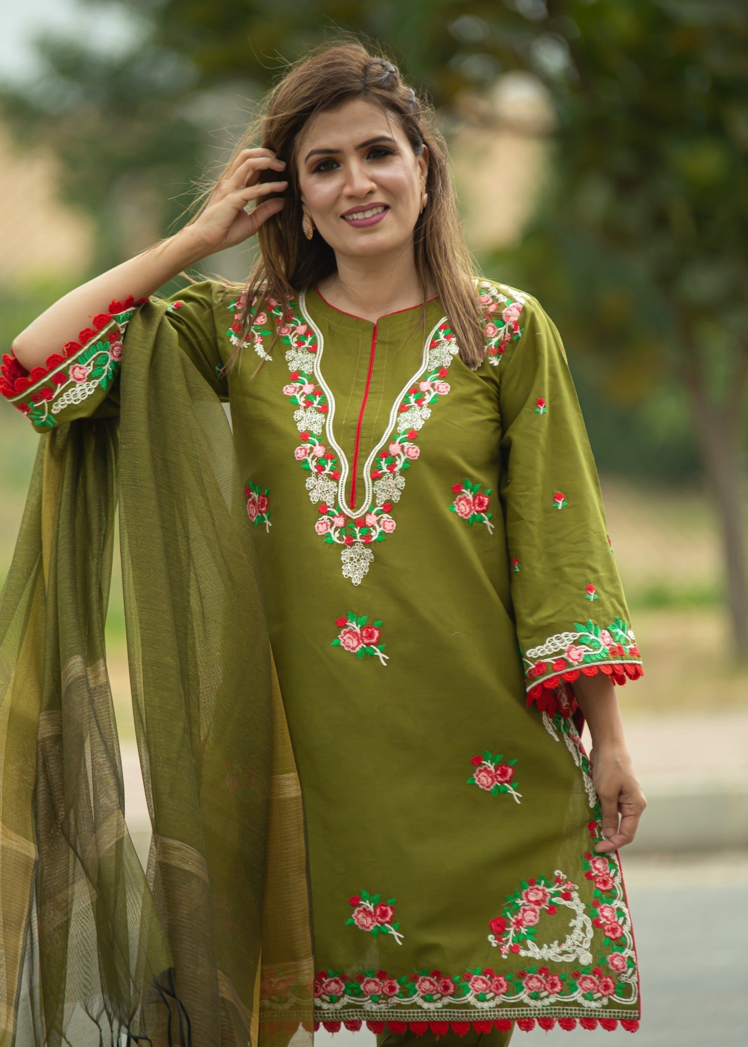 Hayati Collections Pure Cotton |Embroidery with Delicate Bead Detailing | Mehndi Green Women 3pcs